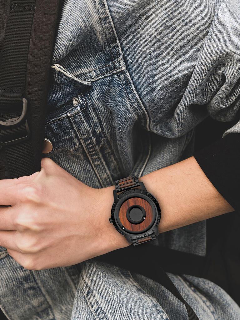 Деревянные магнитные часы с шарикоподшипником, кварцевые часы, минимализм, повседневные, 40 мм, черный циферблат, деревянный ремешок [EUTOUR] мужские