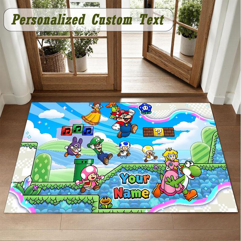 Crystal Velvet Square Rug Custom NameSuper Mario Pattern Non Slip Home Floor Decor Rug