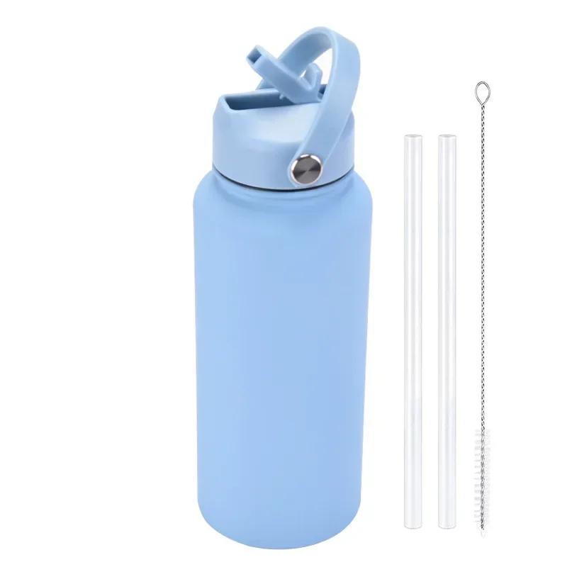 1L Sports WATER BOTTLE With Handle And Straw Stainless Steel Large Capacity Vacuum Flasks Drinkware Large Mouth GymThermos CUP