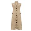 Women's Casual Summer Business Work V-Neck Sleeveless Button-Up Shirt Midi Dress With Pockets Dress