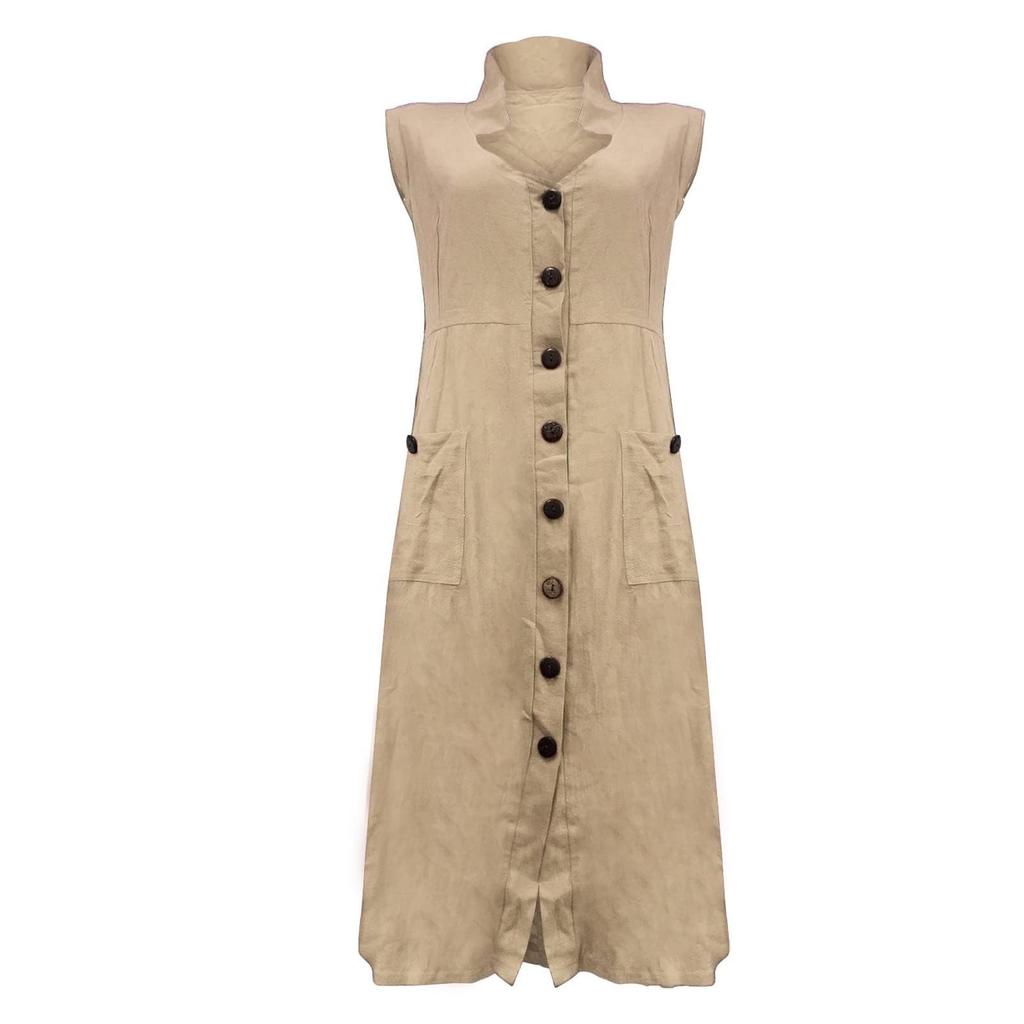 Women's Casual Summer Business Work V-Neck Sleeveless Button-Up Shirt Midi Dress With Pockets Dress