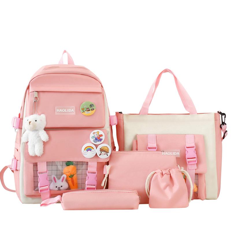 Large-capacity Elementary School Junior High School Students Backpack Five-piece Cute Suit and Bunny Radish Doll Pendant Backpack Multi-compartment