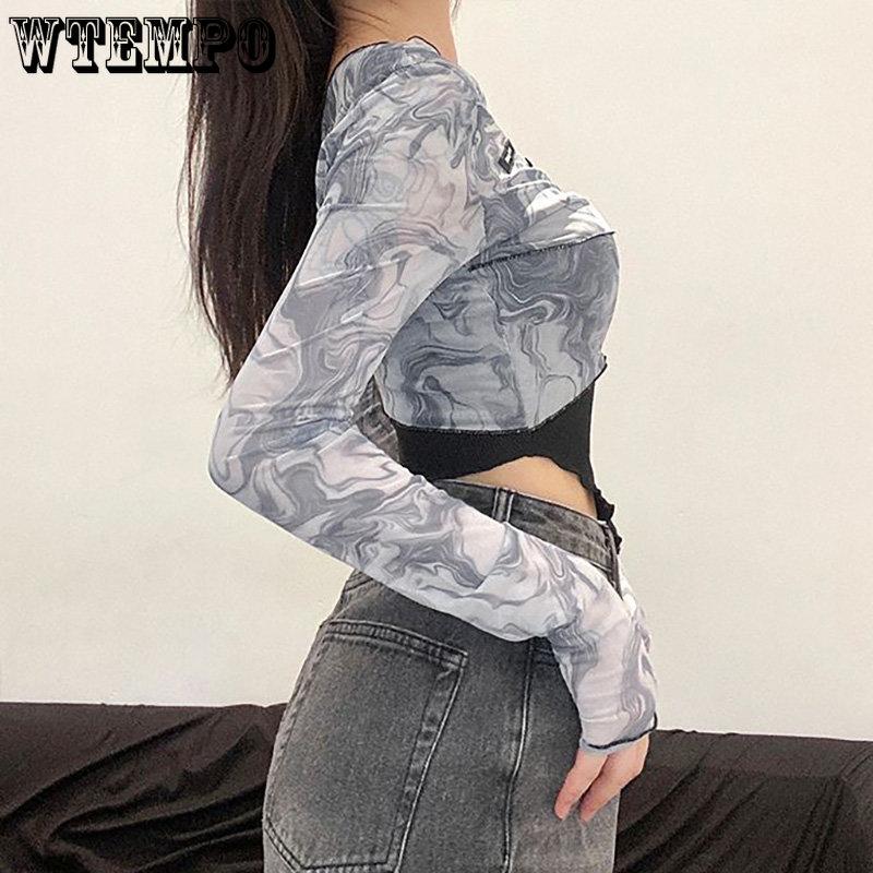 WTEMPO Женская шикарная сетчатая лоскутная футболка с длинными рукавами + внутренняя подтяжка на подтяжках, нерегулярные искусственные укороченные топы из двух предметов