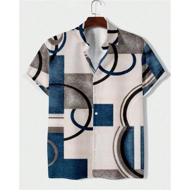 2025 Мужская рубашка с коротким рукавом и лацканами в стиле колор-блок с 3D-принтом, большой размер 5XL, высококачественный гавайский пляжный топ