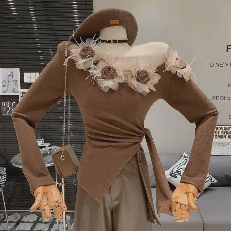 Женский облегающий топ с открытыми плечами и длинными рукавами в цветочек