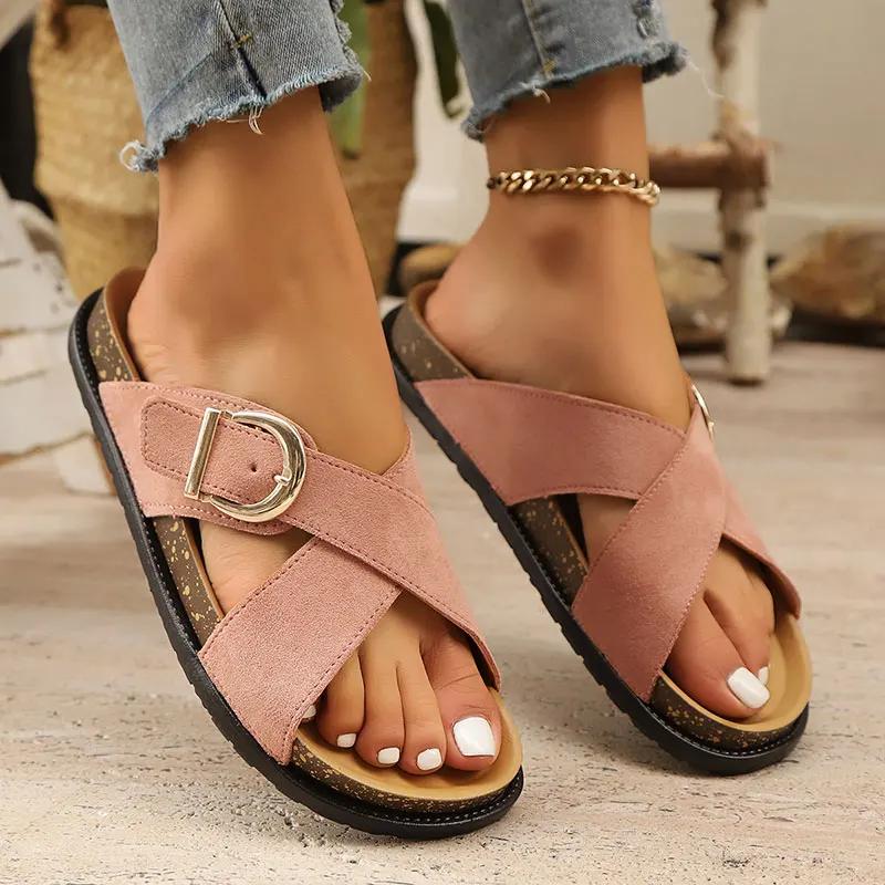 Fashion Retro Cross Band Flat Sandals for Women Buckle Decor Thick Sole Platform Slippers Woman 2025 Summer Comfort Non Slip Beach Shoes