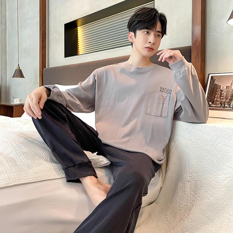 Пижамы мужские весенние и осенние с длинными рукавами, длинные брюки, простая домашняя одежда, тонкий хлопок, мужские большие размеры, весенние модели, костюм для отдыха
