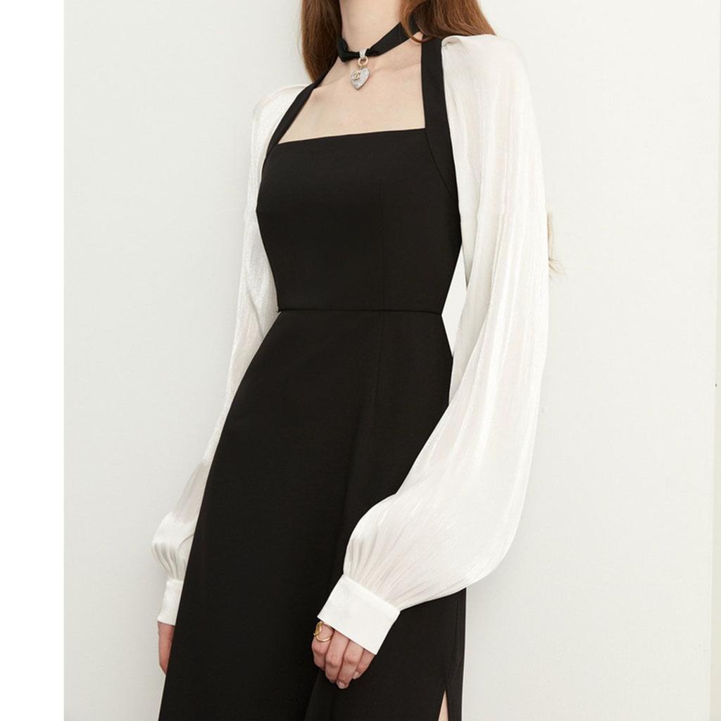 Женское белое платье с рукавами-фонариками, весеннее винтажное черное офисное длинное платье, корейская одежда