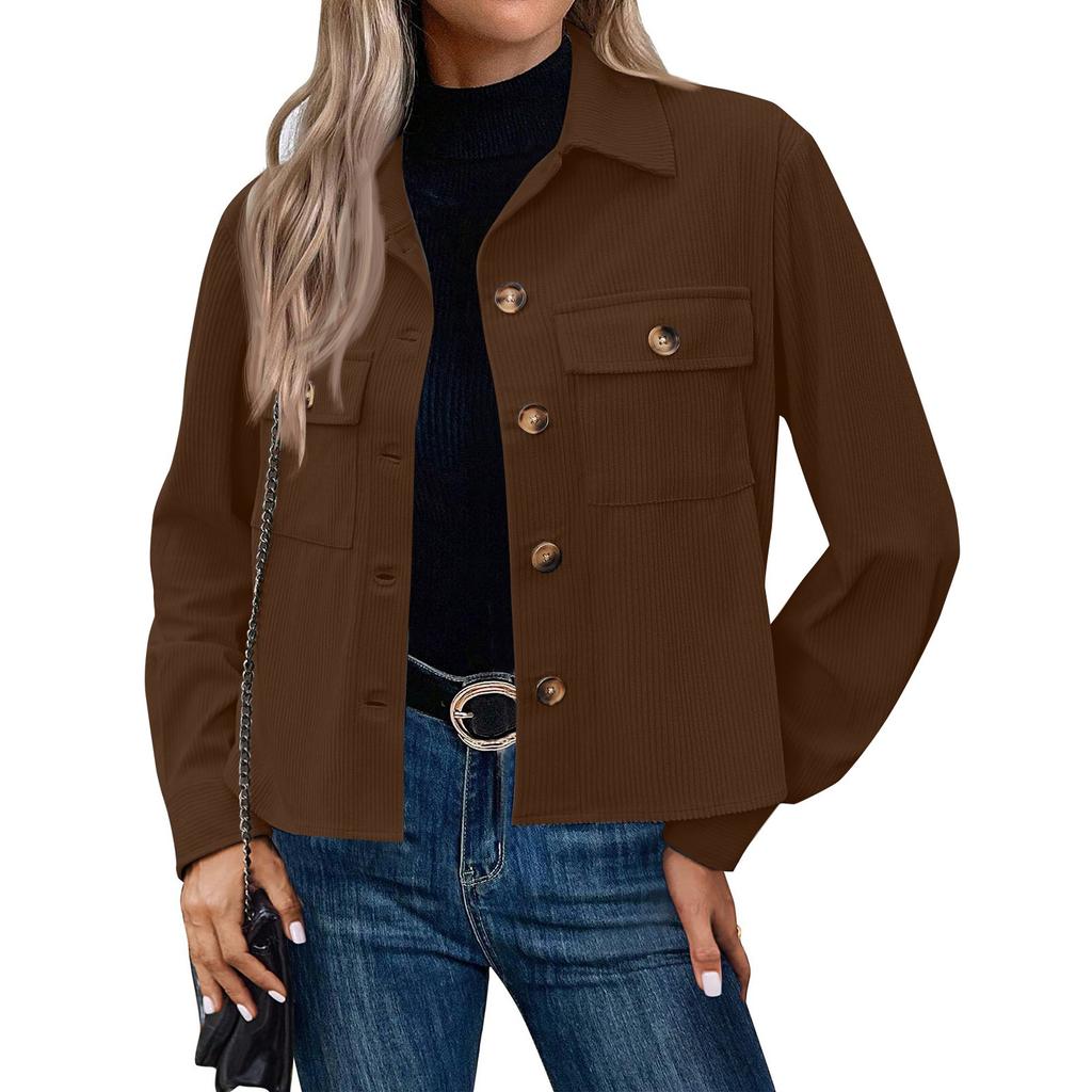 Women's Solid Color Casual Short Corduroy Button Jacket