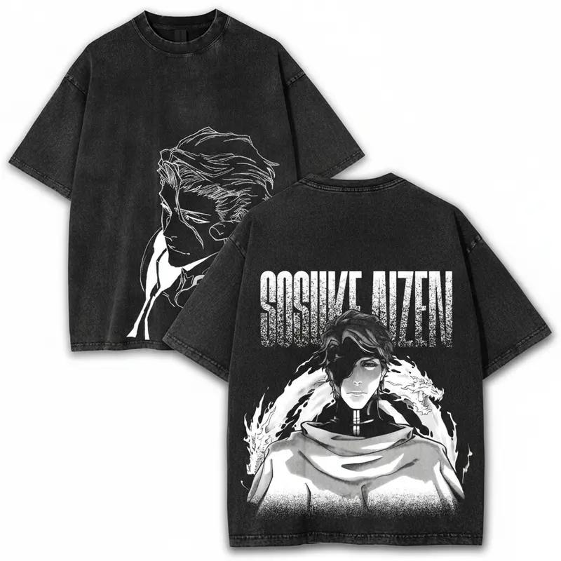 BLEACH Aizen Sousuke Printed Tee Men Women Retro Washed T-shirts Oversized Cotton T Shirt Short Sleeve Clothing Harajuku Tshirt