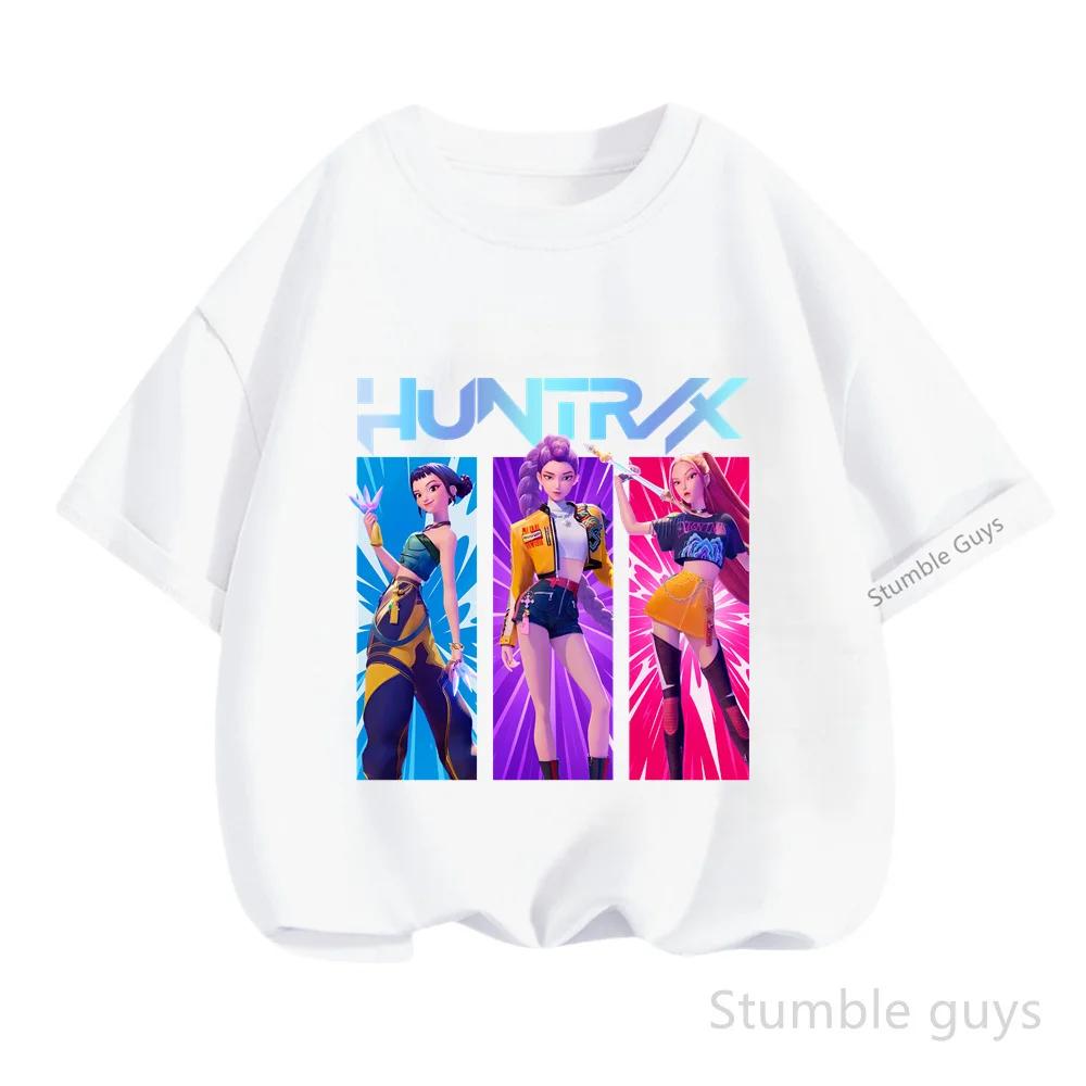 Kpop Demon Hunters Футболка Детская с коротким рукавом Повседневная Модная Летняя для Мальчиков и Девочек Аниме Одежда