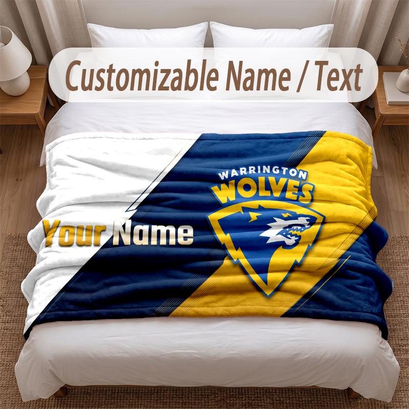 Warrington Wolves FC Printed Flannel Blanket Custom Name Text Soft Warm Throw For Bedroom Holiday Gift