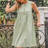 Women's Fashion Summer Spring Solid Color Print Sleeveless O-Neck High Waist Casual Dresses