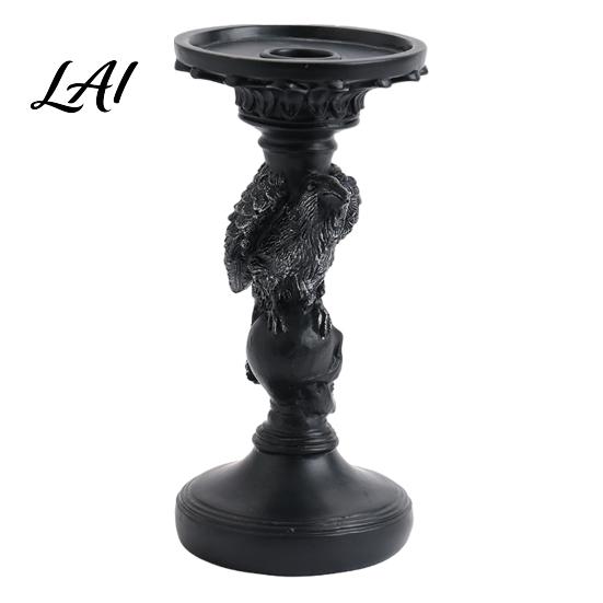 Decorative Candle Holder Gothic Pillar Holder Resin Raven Skull Candlestick Halloween Table Decoration Indoor Tealight Stand for Tabletop Holiday