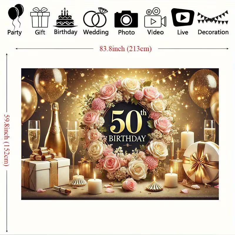 2D Elegant 50th Birthday Photography Backdrop, Rose Gold Floral Background