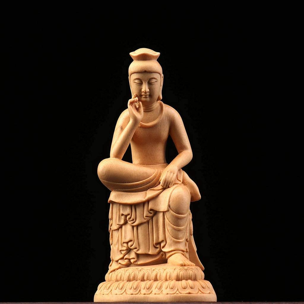 Maitreya Bodhisattva Figurine, Carved from Cypress Wood, Natural Wood Color, Half-Legated Pensive Buddha Statue (Size: 12cm)