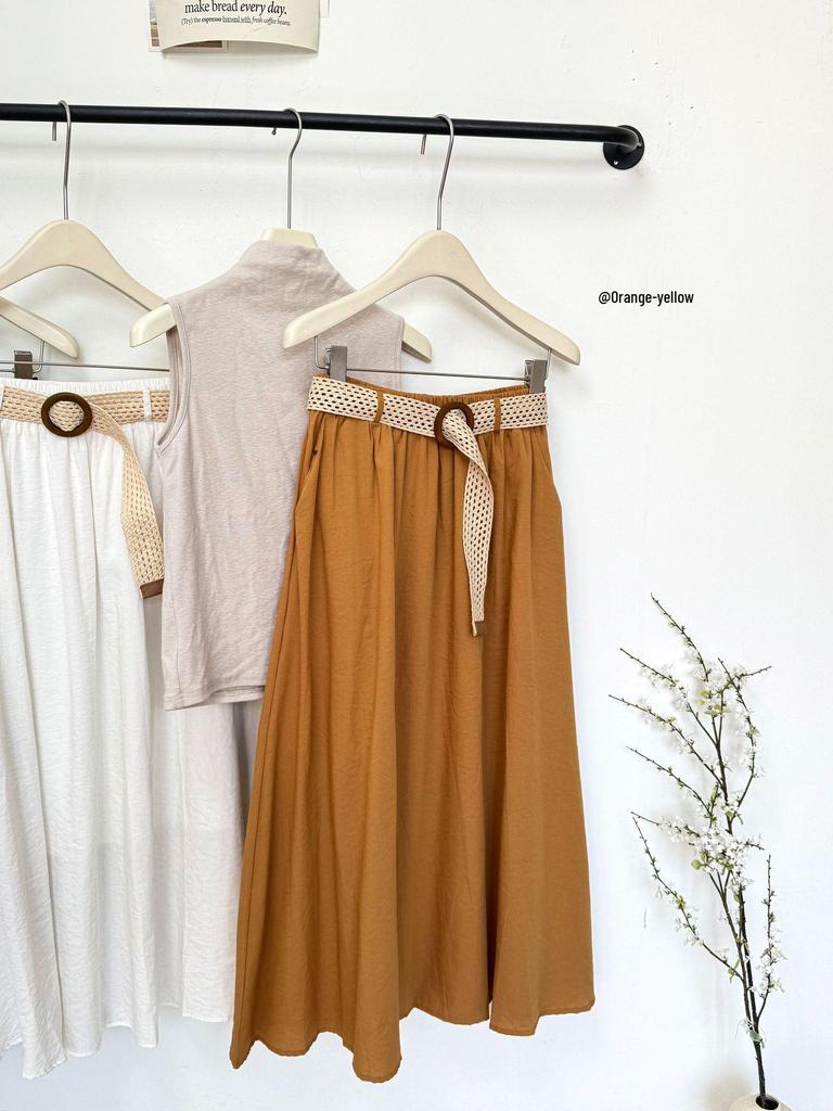 2026 Mori-kei Spring/Summer Women's A-line Skirt: Versatile Mid-length with Belt, Solid Color Lazy Style for Vacation.