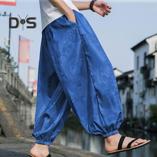 Мужские брюки-фонарики в стиле хиппи в стиле бохо, мешковатые брюки с принтом дракона, свободные мягкие дышащие шаровары с полосками на щиколотке, длинные брюки для йоги