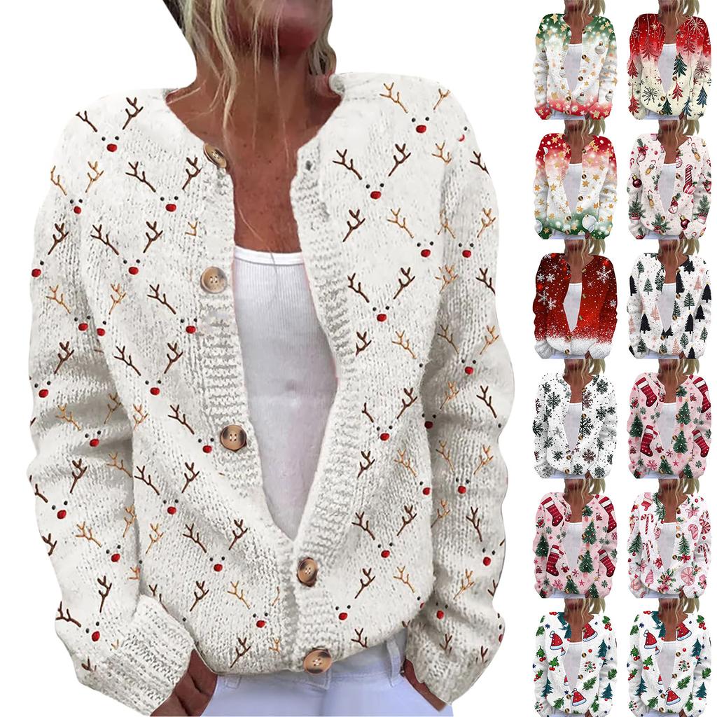Women's Fashion Christmas Printed Long Sleeve Knitted Cardigan Button Down Jacket