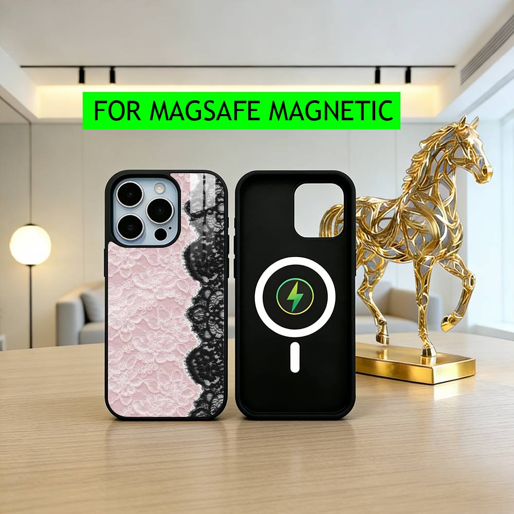 Красивый черный чехол для телефона с принтом l-lace для iPhone 17, 16, 15, 14, 13, 12, 11 Plus, Pro, магнитный, для беспроводной зарядки Magsafe