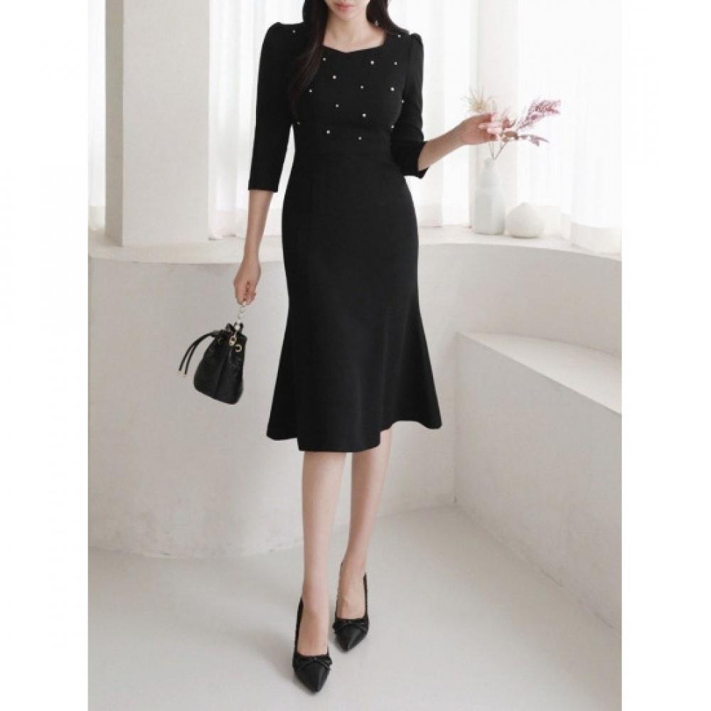Style Latte Women Sweetheart Square Neck Pearl Mermaid Dress 7 Sleeve