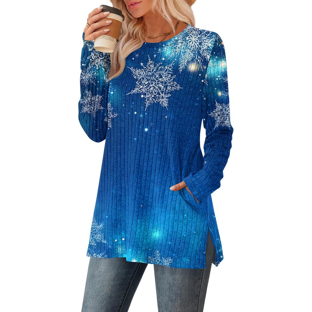 Women's Christmas Printed Round-neck Long-sleeved Top With Pockets And Side Slits