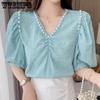 Женская шифоновая рубашка с v-образным вырезом и тиснением из бисера, летние модные универсальные свободные и тонкие топы с короткими рукавами и пузырьками