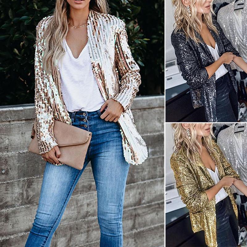 Womens Sequin Blazer Suit Glitter Open Front Thin Jacket Ladies Party Outwear