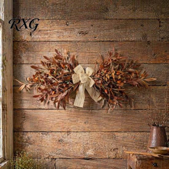Decorative Wreath for Mantel 23.6" Artificial Olive Wreath, Faux Fall Leaf Teardrop Swag, Autumn Door Hanger Beige Linen Bow with Burlap Thanksgiving
