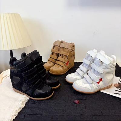 Туфли женские из натуральной кожи в стиле «Велкро», на скрытой внутренней платформе, увеличивающей рост, короткие ботинки на танкетке, в цветовой гамме, спортивно-повседневные, высокие