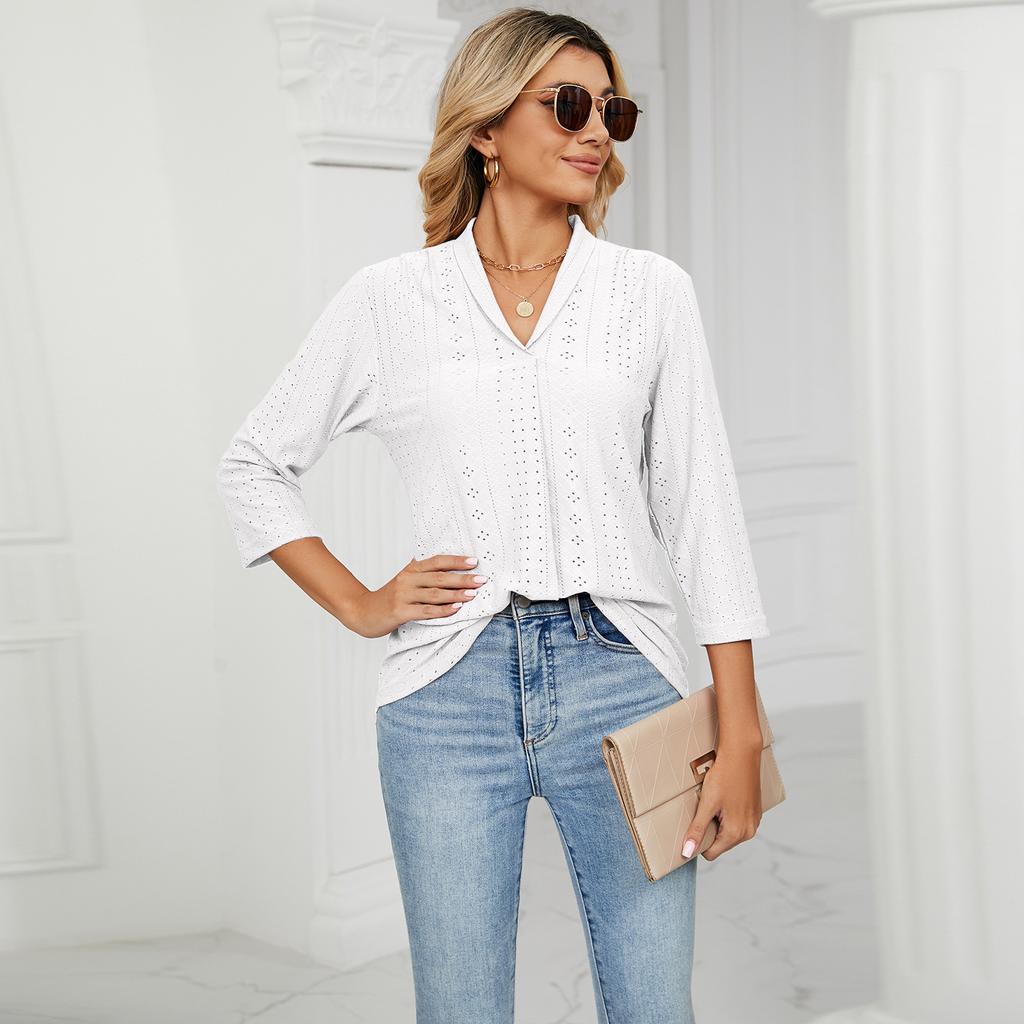 GMXIA Женские модные повседневные однотонные блузки и рубашки с v-образным вырезом и рукавом 3/4 с принтом