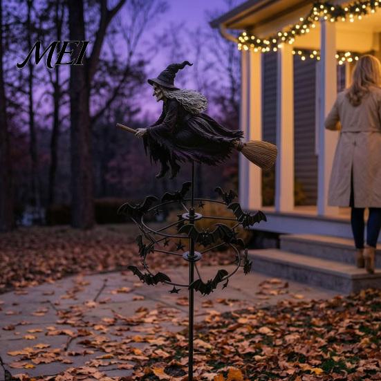 Whimsical Witch Silhouette Garden Wind Spinner, Halloween Yard Art Metal Outdoor Decorative Spinner Stake, Flying for Lawn Patio Pathway Fall
