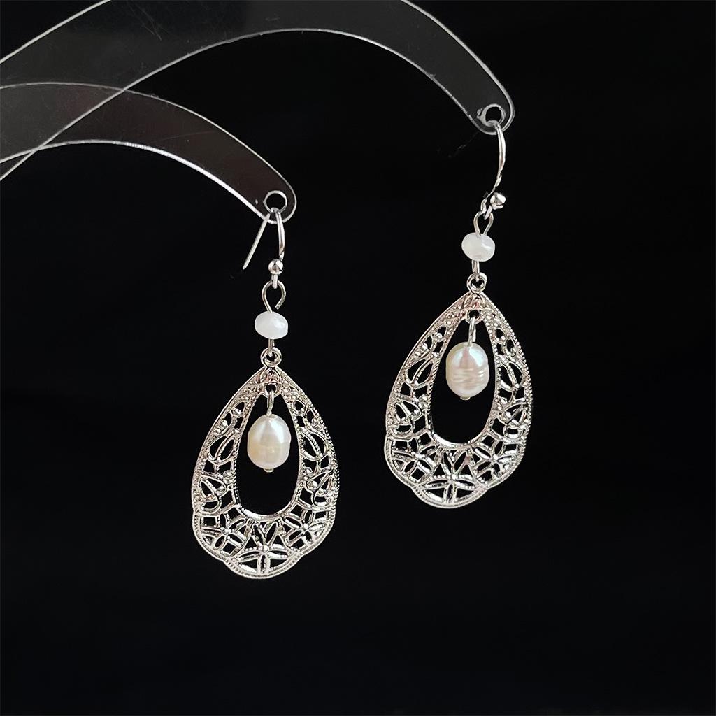 Handmade Retro Hollow Pattern Freshwater Pearl Earrings – Chinese Ethnic Style for Women