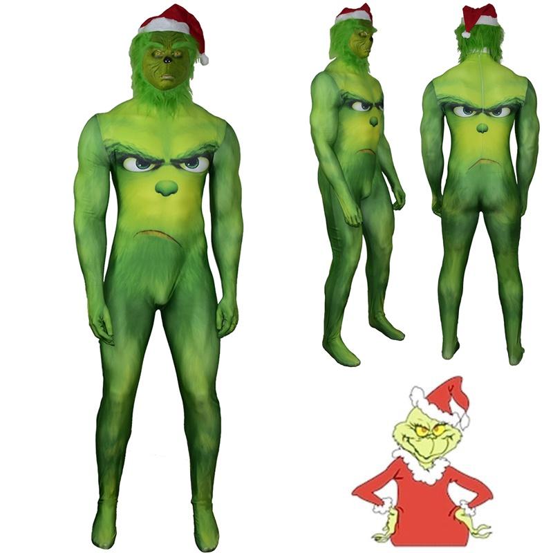 Праздничный зеленый монстр Гринч Рождественский костюм для косплея Zentai Боди Комбинезон