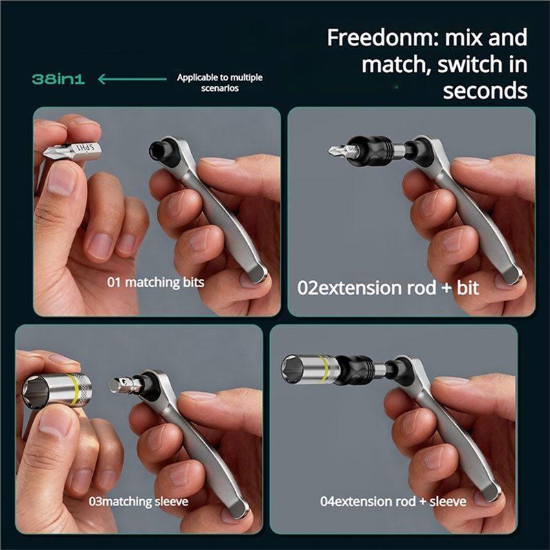 A74K-38-Piece Set Fast Ratchet Wrench Sleeve Tool Fast Hexagonal Torx Screwdriver Portable Fast Hexagonal Torx Screwdriver