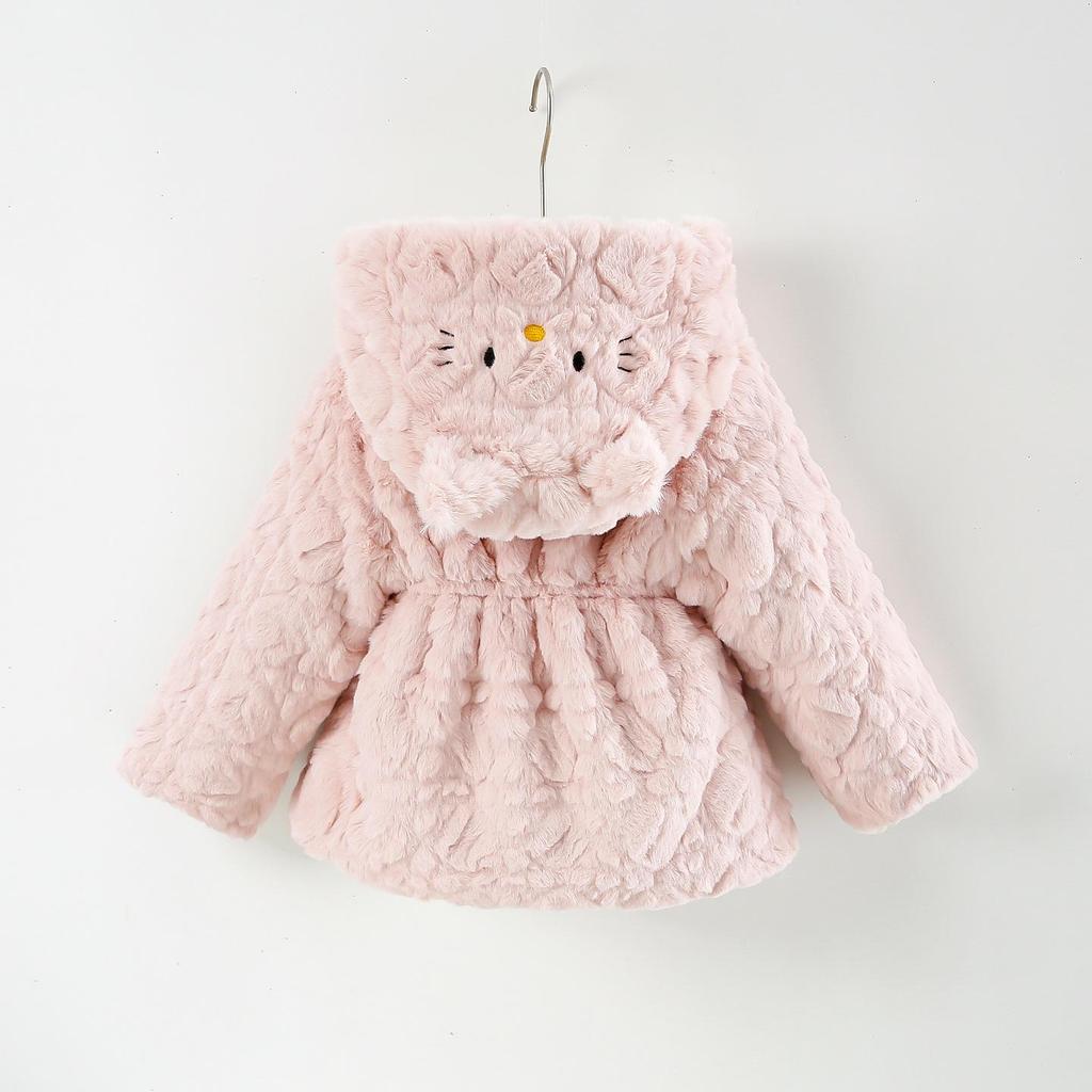 Свитер-пальто с капюшоном для девочек, с вышивкой мультяшного кота, пушистый, стеганый из искусственного меха, для осени/зимы