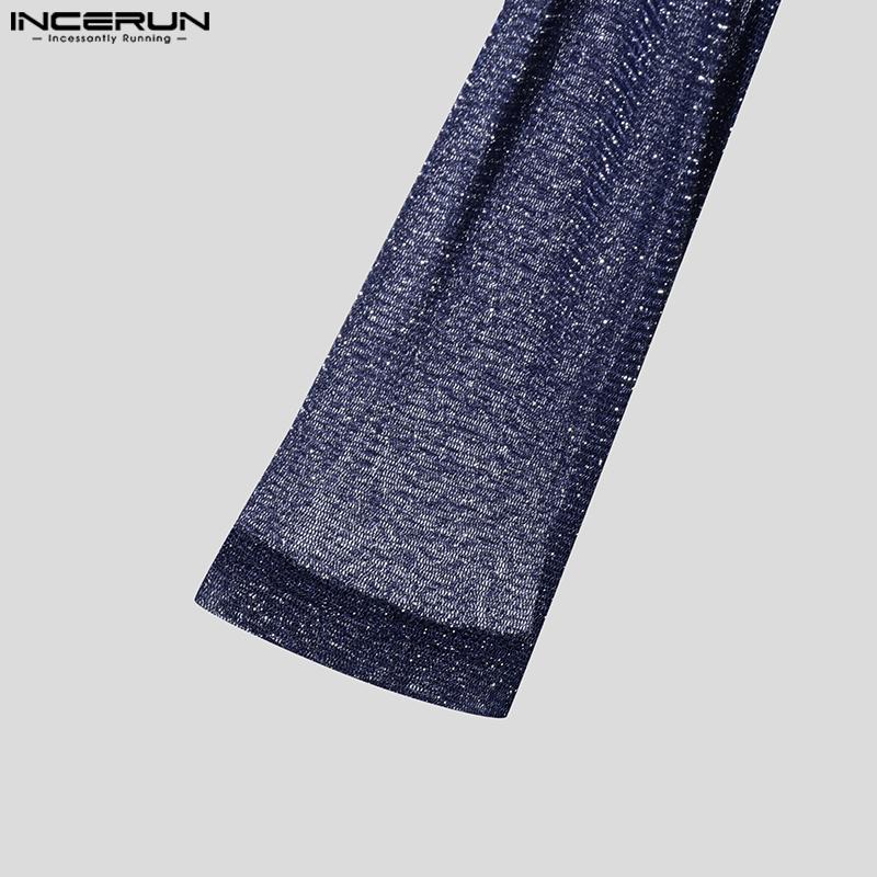 INCERUN Мужские топы с длинным рукавом и оборками из блестящей сетки для вечеринок и клубов, футболки