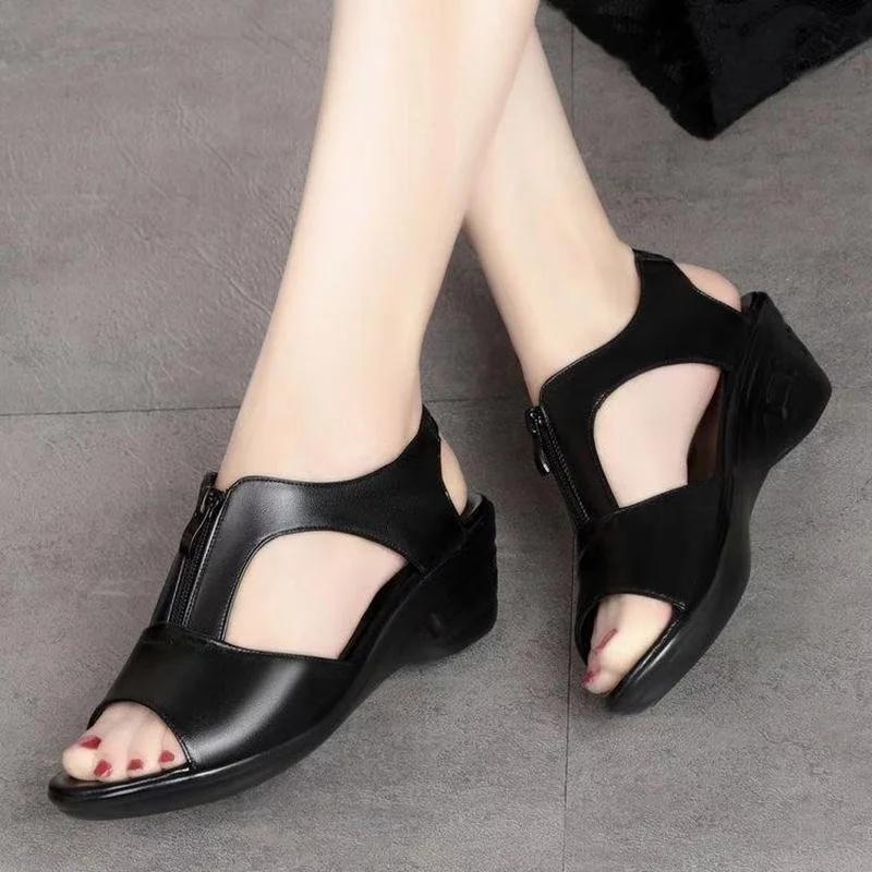 Women Summer Sandals New Wedge Roman Sandals Female Fish Mouth Zipper Breathable Wedge Women Designers Luxury