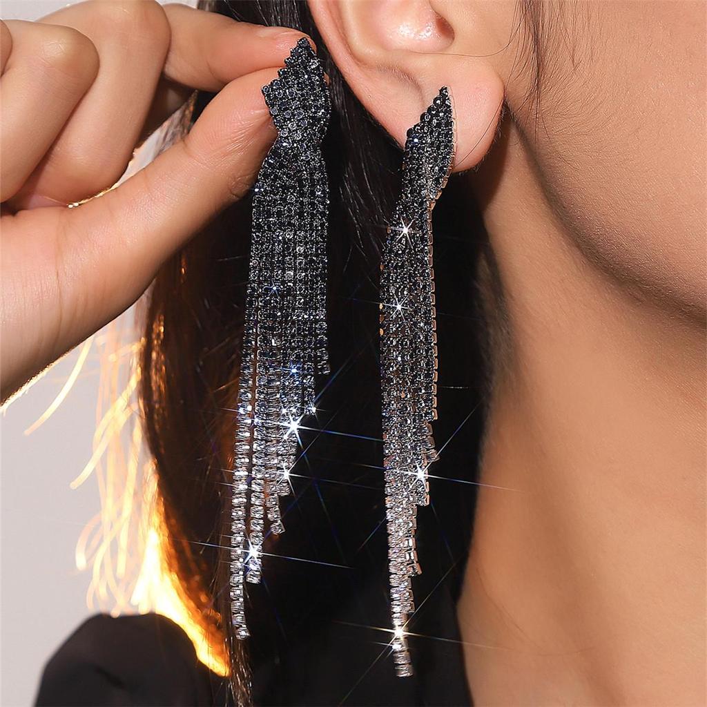 European & American Style Full Diamond Long Tassel Earrings for Women