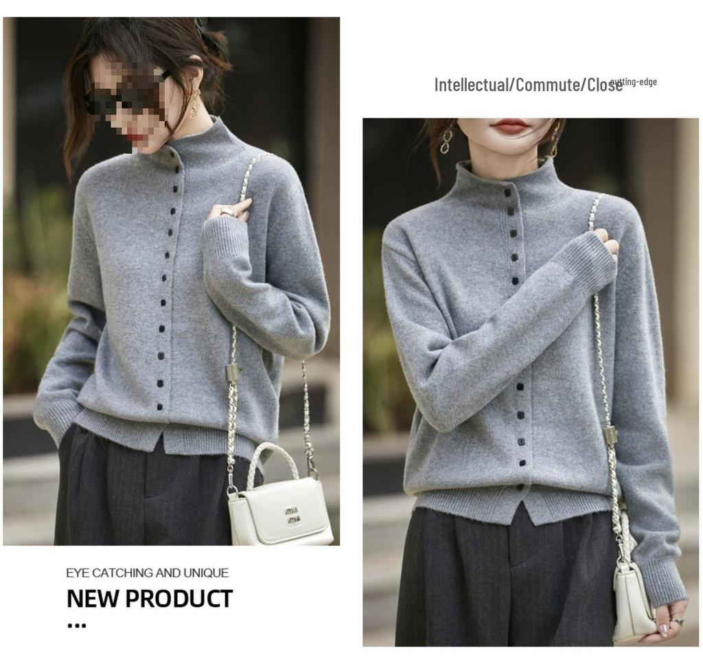 2025 French Style Grey Slimming Half-High Collar Knit Cardigan
