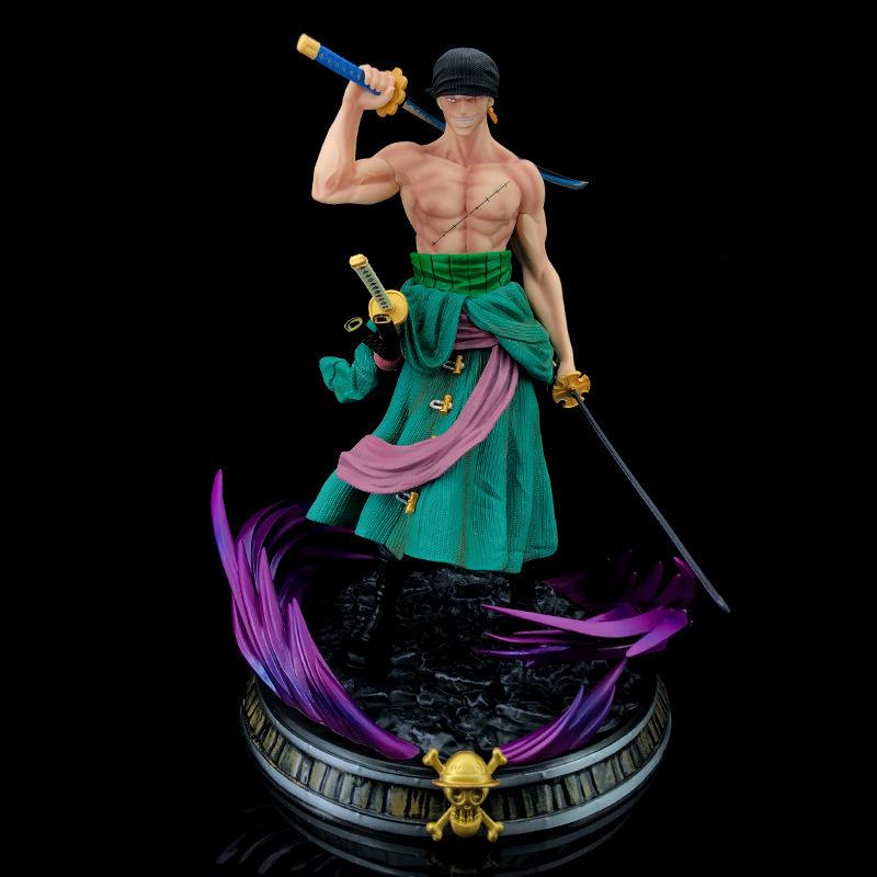 One Piece Zoro GK Statue: Double Head, Replaceable Three-Sword Style Anime Model.
