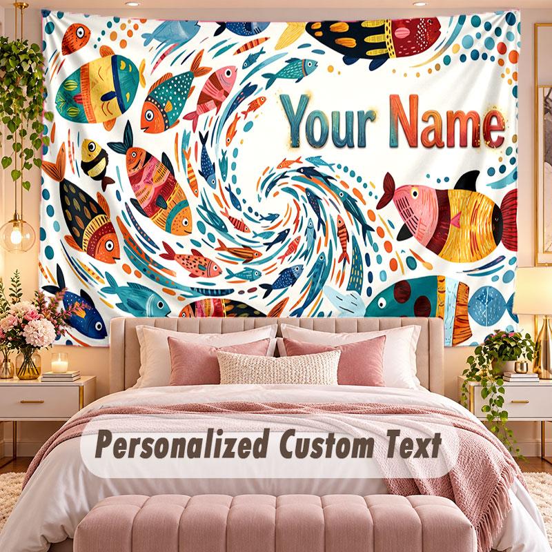 Fish Ocean (216) Theme Wall Tapestry Customized With Name Text Personalized Hanging Tapestry For Bedroom Living Room Decor