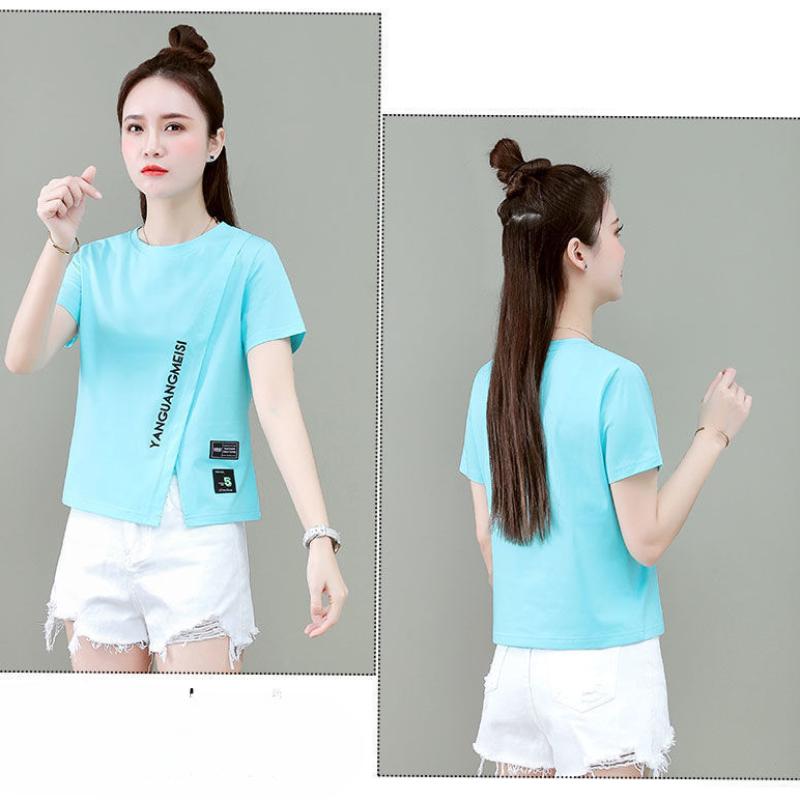 Woman's Tshirts Summer Split Hem Short Sleeve Letters O Neck Korean Style Casual Woman Top Tee Shirt