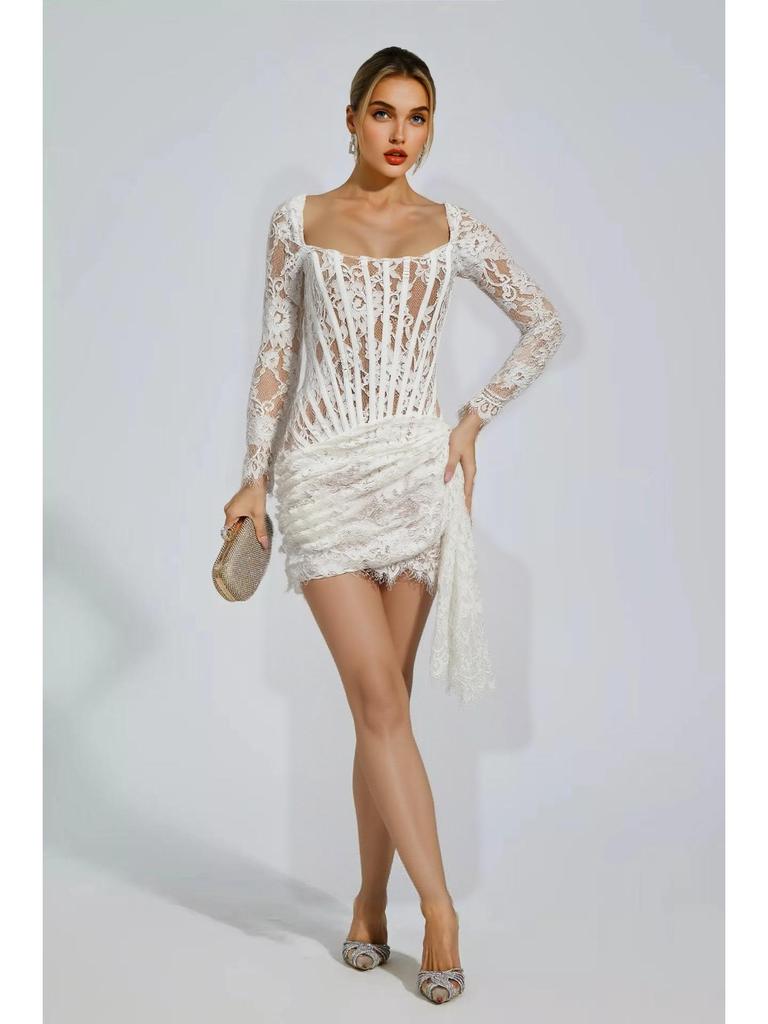 Европейское и американское сексуальное кружевное платье-сетка с корсетом на косточках – с длинными рукавами, осенне-зимняя короткая юбка