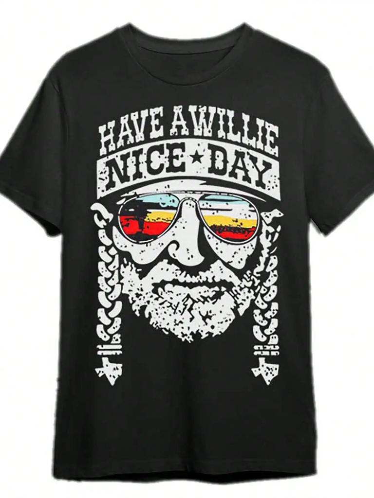 Mens Cotton Crew Neck TShirt Regular Fit Knit Fabric With Medium Stretch Solid Color With Have A Willie Nice Day Applique