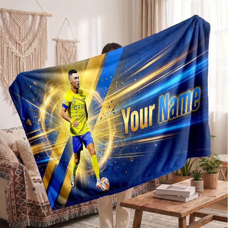 Cristiano Ronaldo Personalized Fleece Blanket With Football Logo, Custom Name Text Soft Warm Home Throw Blanket