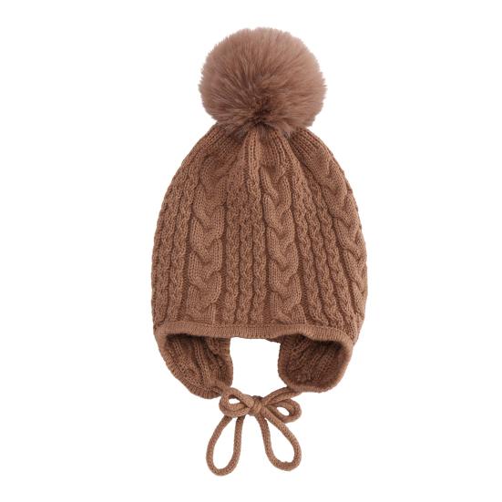 Children Hat Plush Ball Decor Twist Texture Lace-up Knitting Hat Solid Color Design Breathable Warm Winter Hat