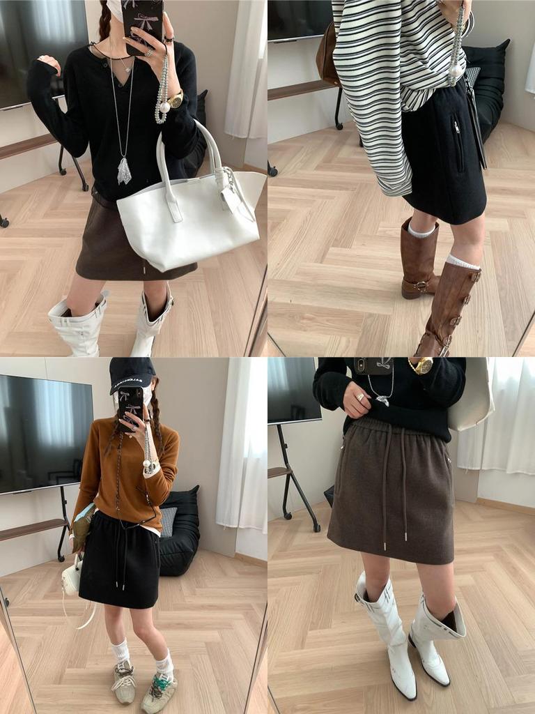 Moqie Winter Petite A-line Woolen Drawstring Short Skirt MQ1064