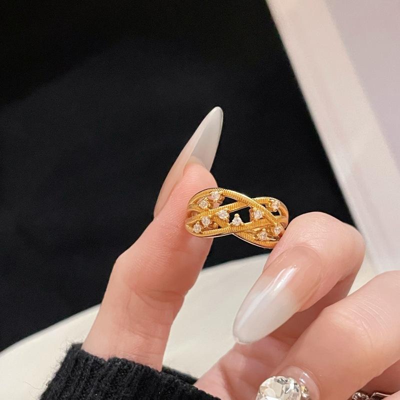 Vintage Luxury Medieval Brushed Woven Open Ring High-End Adjustable Zircon Personalized Ring Women
