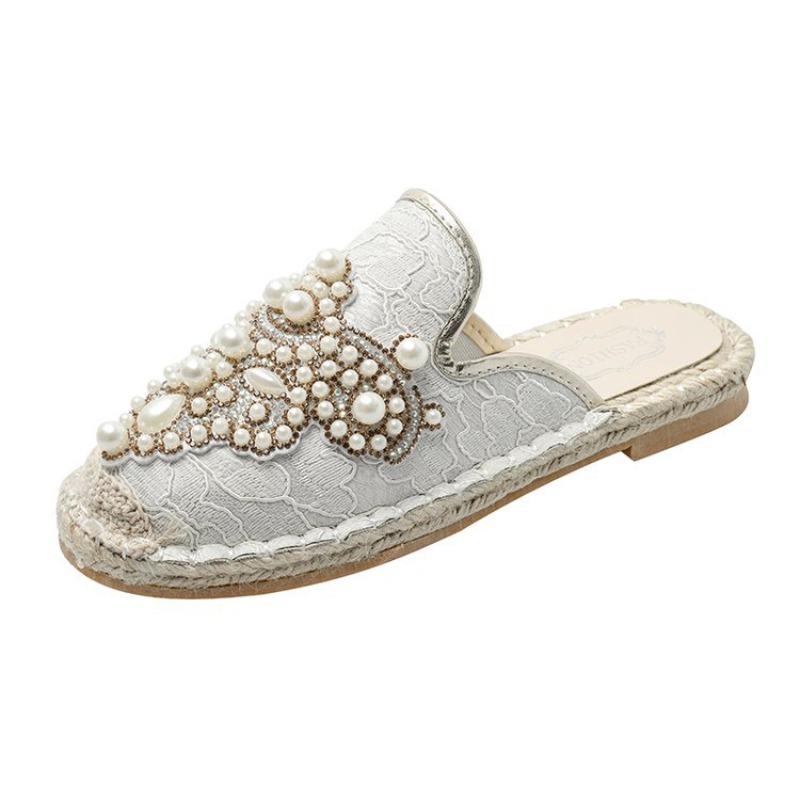 Весна новая повседневная обувь на плоской подошве с круглым носком, плетёная из соломы с лозой, обувь рыбака, женская обувь, универсальная, с бисером, женские туфли